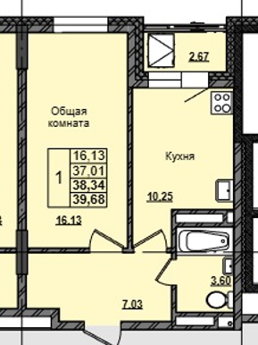 1 комн., 38.34 м²