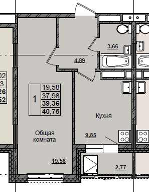 1 комн., 39.36 м²