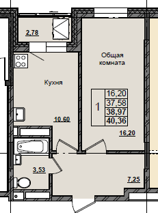 1 комн., 38.97 м²