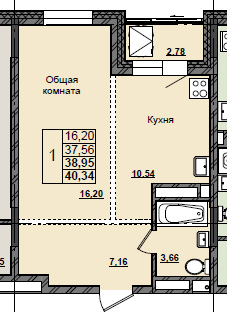 1 комн., 38.95 м²