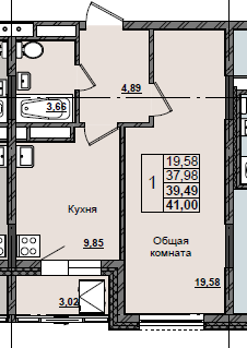 1 комн., 39.49 м²