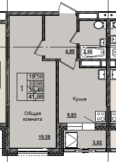 1 комн., 39.49 м²