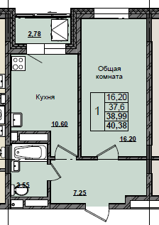 1 комн., 38.99 м²