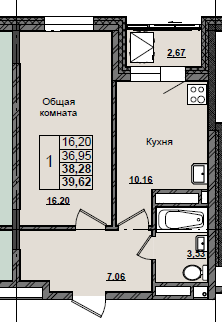 1 комн., 38.28 м²