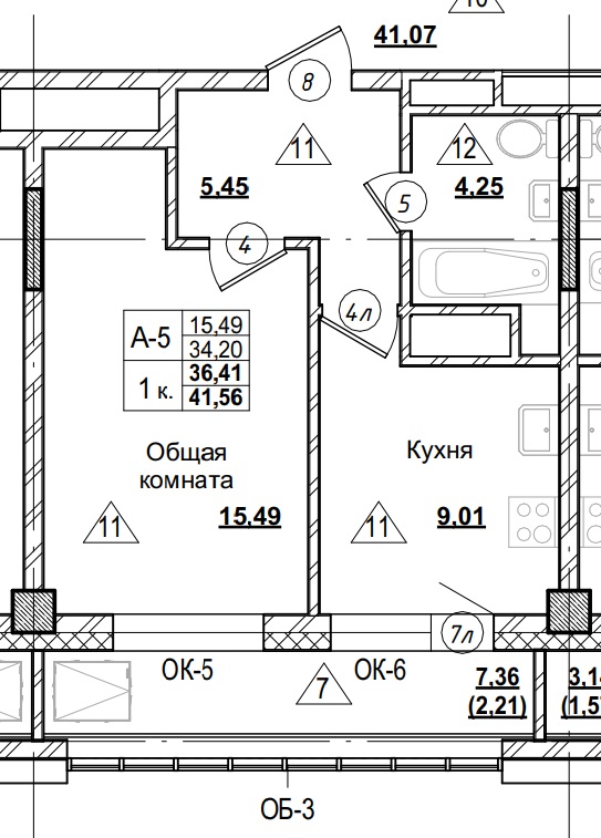 1 комн., 36.41 м²