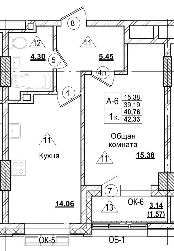 1 комн., 40.73 м²