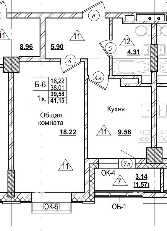 1 комн., 39.58 м²