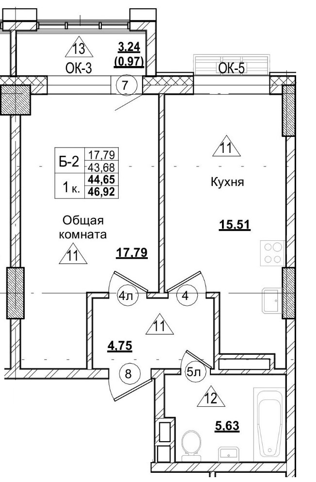 1 комн., 44.67 м²