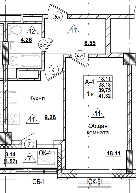 1 комн., 39.75 м²
