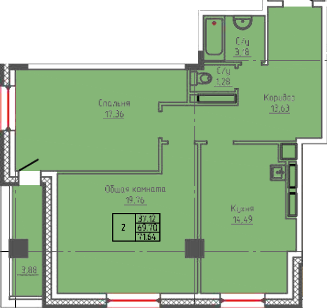 2 комн., 71.64 м²