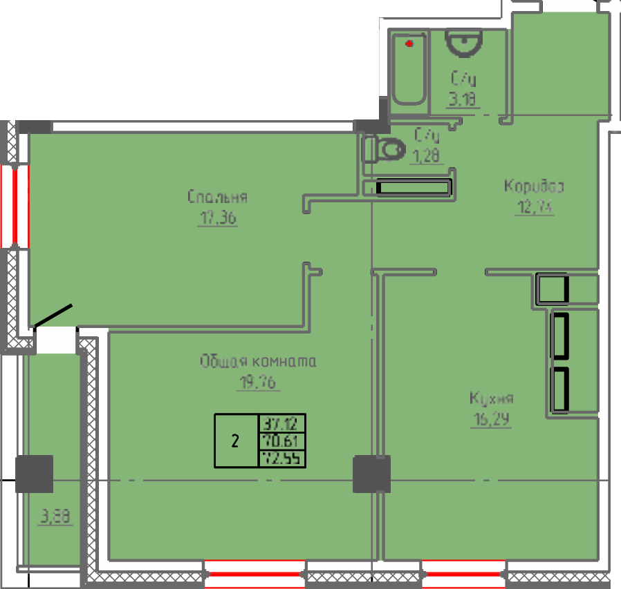 2 комн., 72.55 м²