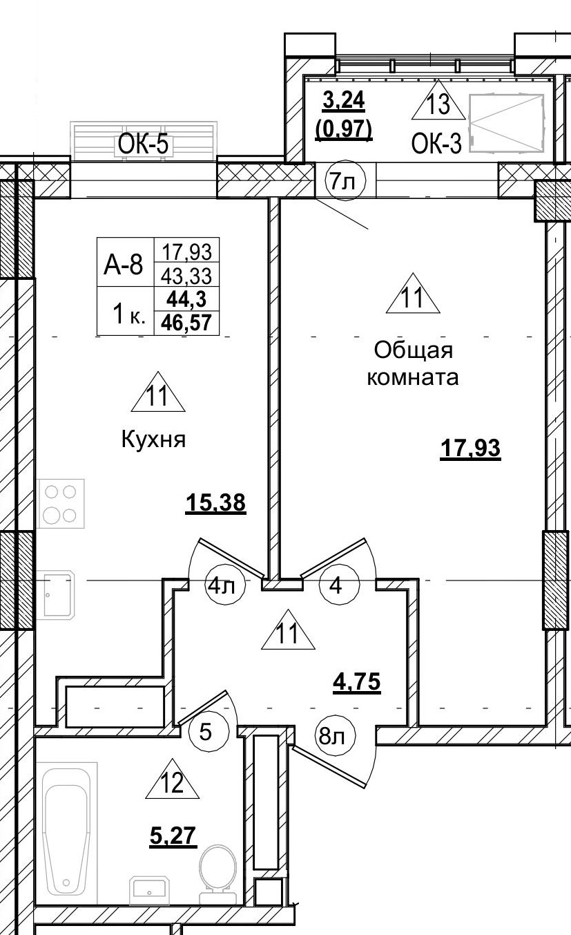 1 комн., 44.31 м²