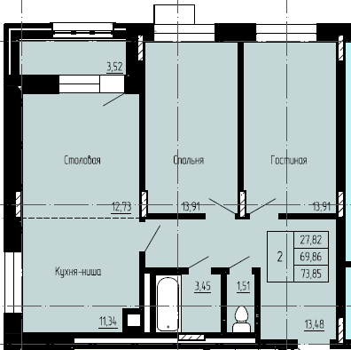 2 комн., 72.09 м²