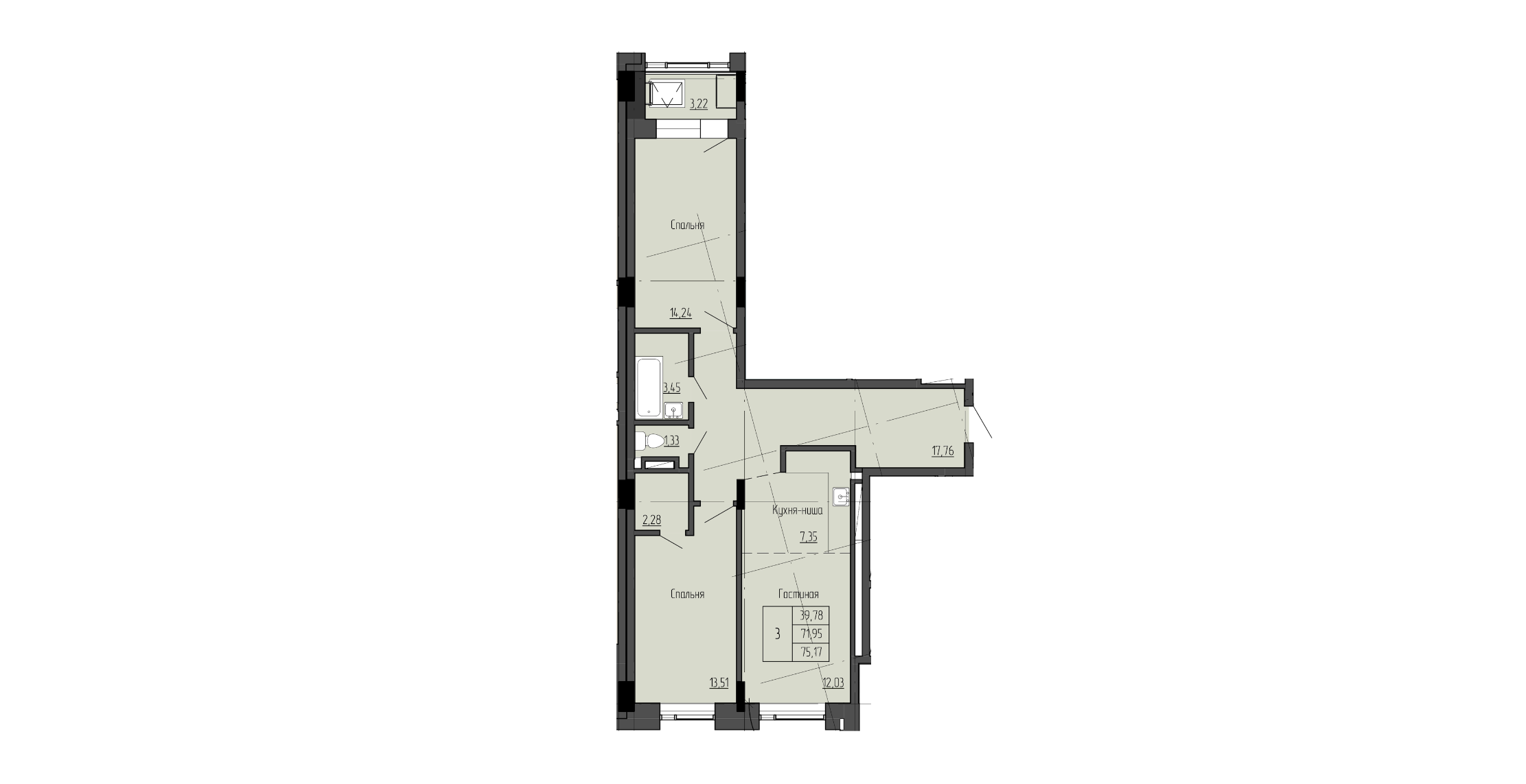 3 комн., 75.17 м²