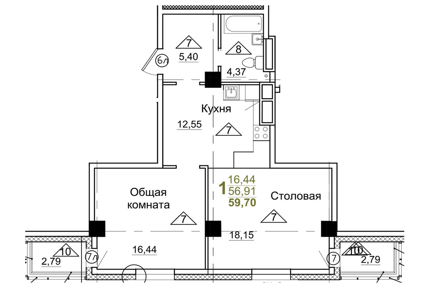 1 комн., 59.70 м²