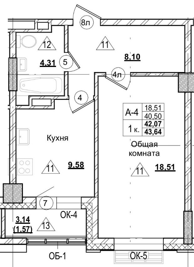 1 комн., 42.38 м²