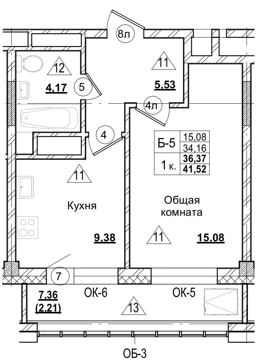 1 комн., 36.30 м²