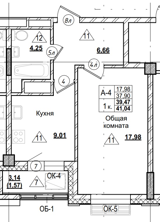 1 комн., 39.47 м²