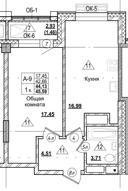 1 комн., 44.13 м²