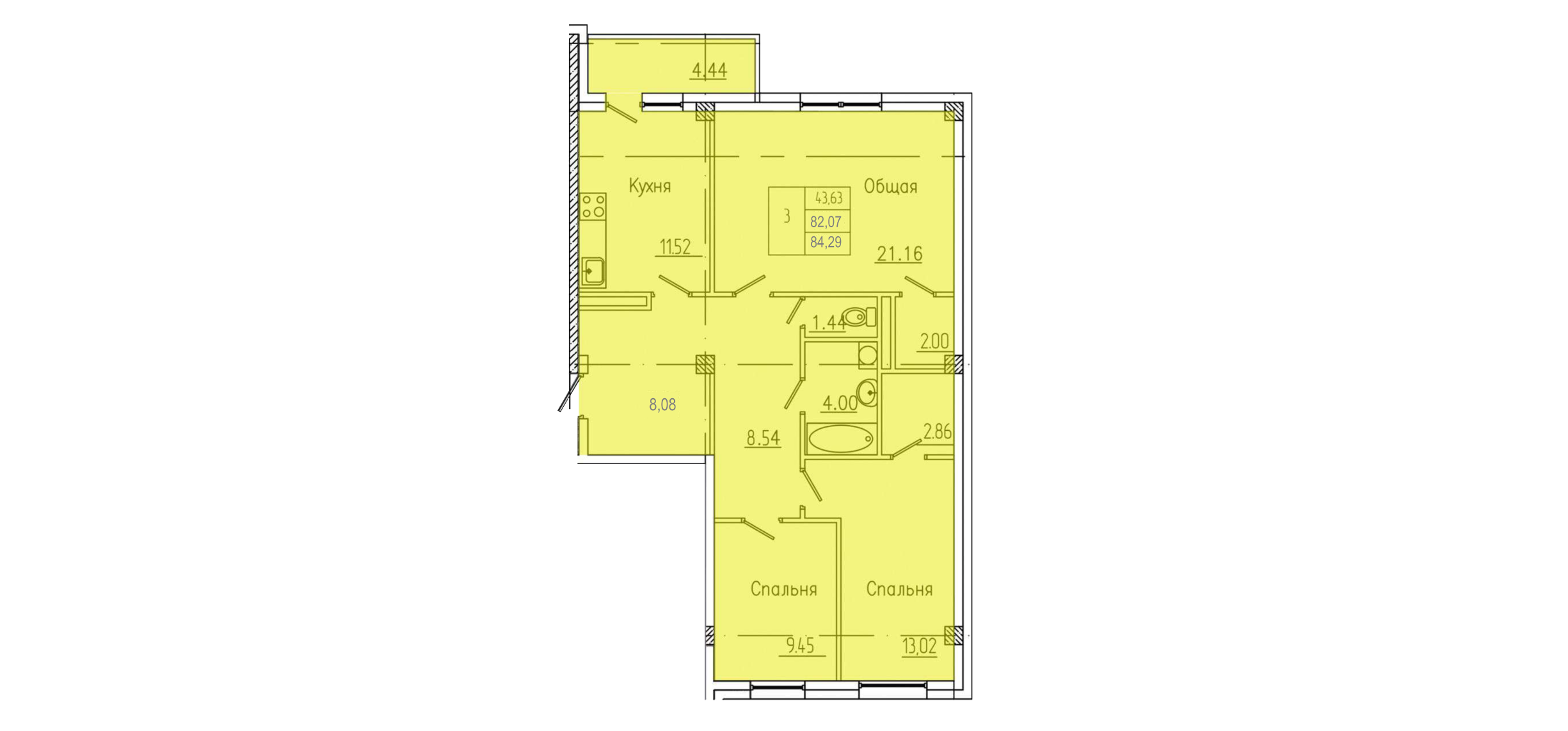 3 комн., 84.29 м²