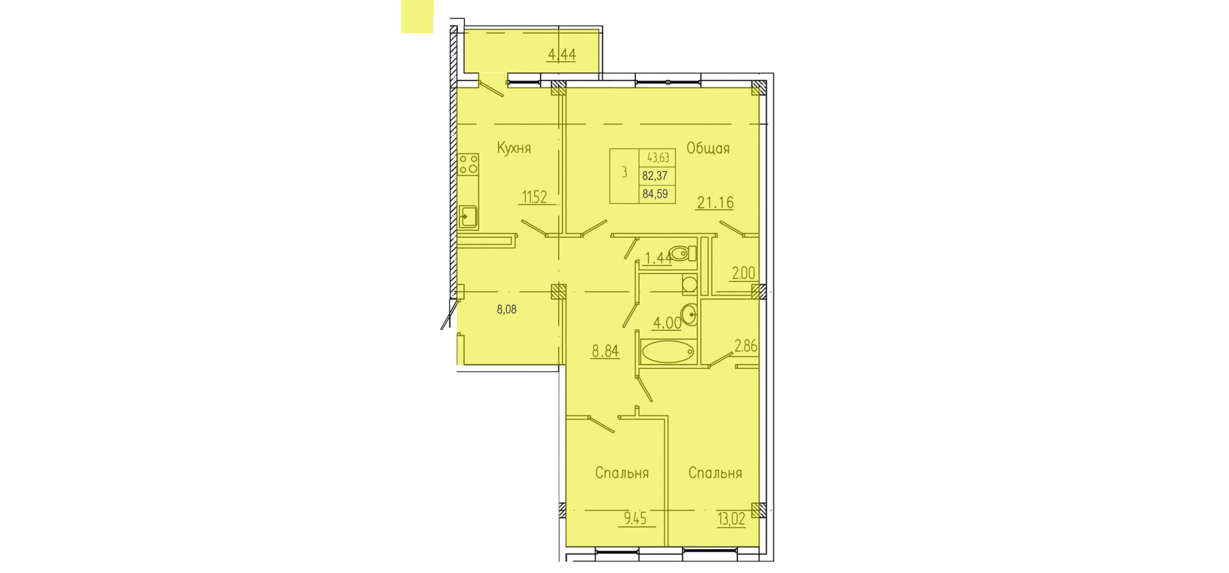 3 комн., 84.59 м²
