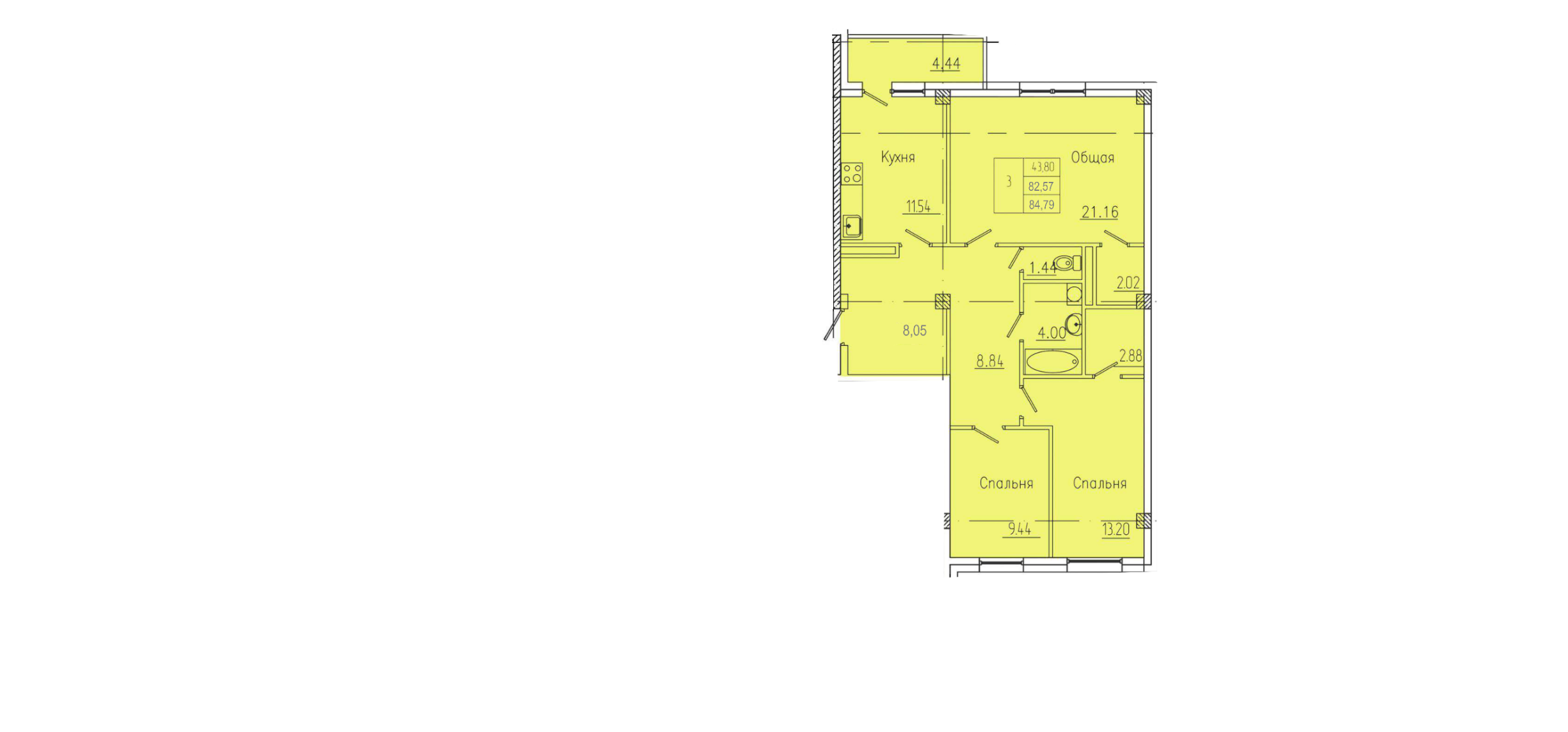 3 комн., 84.79 м²