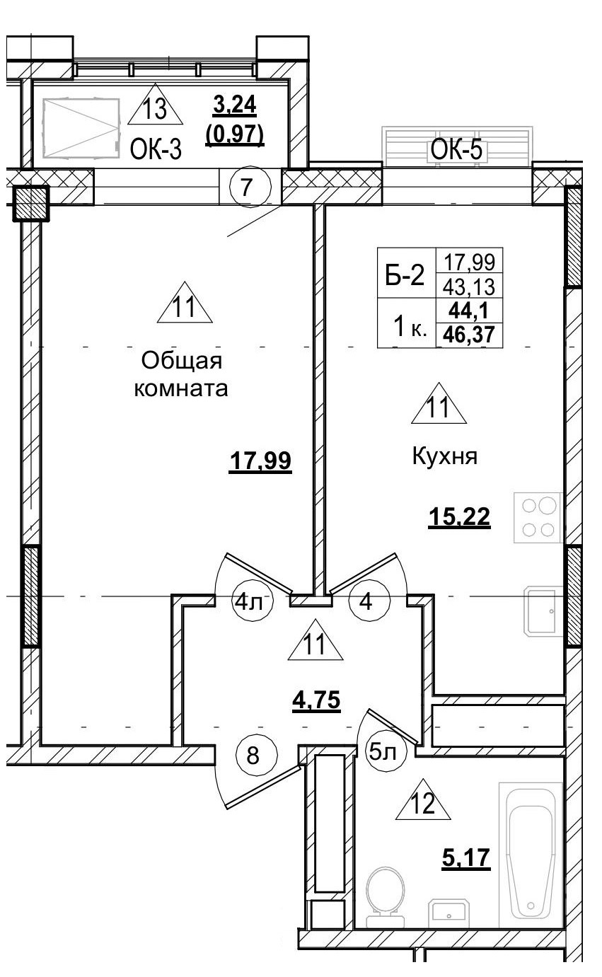 1 комн., 44.11 м²