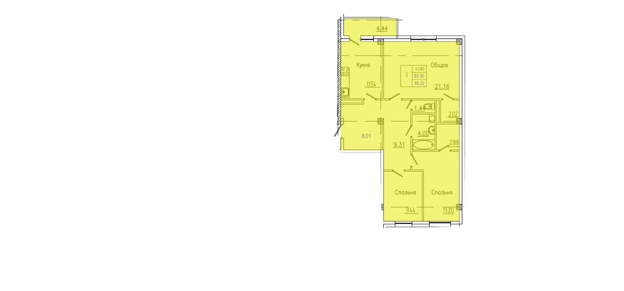 3 комн., 85.22 м²