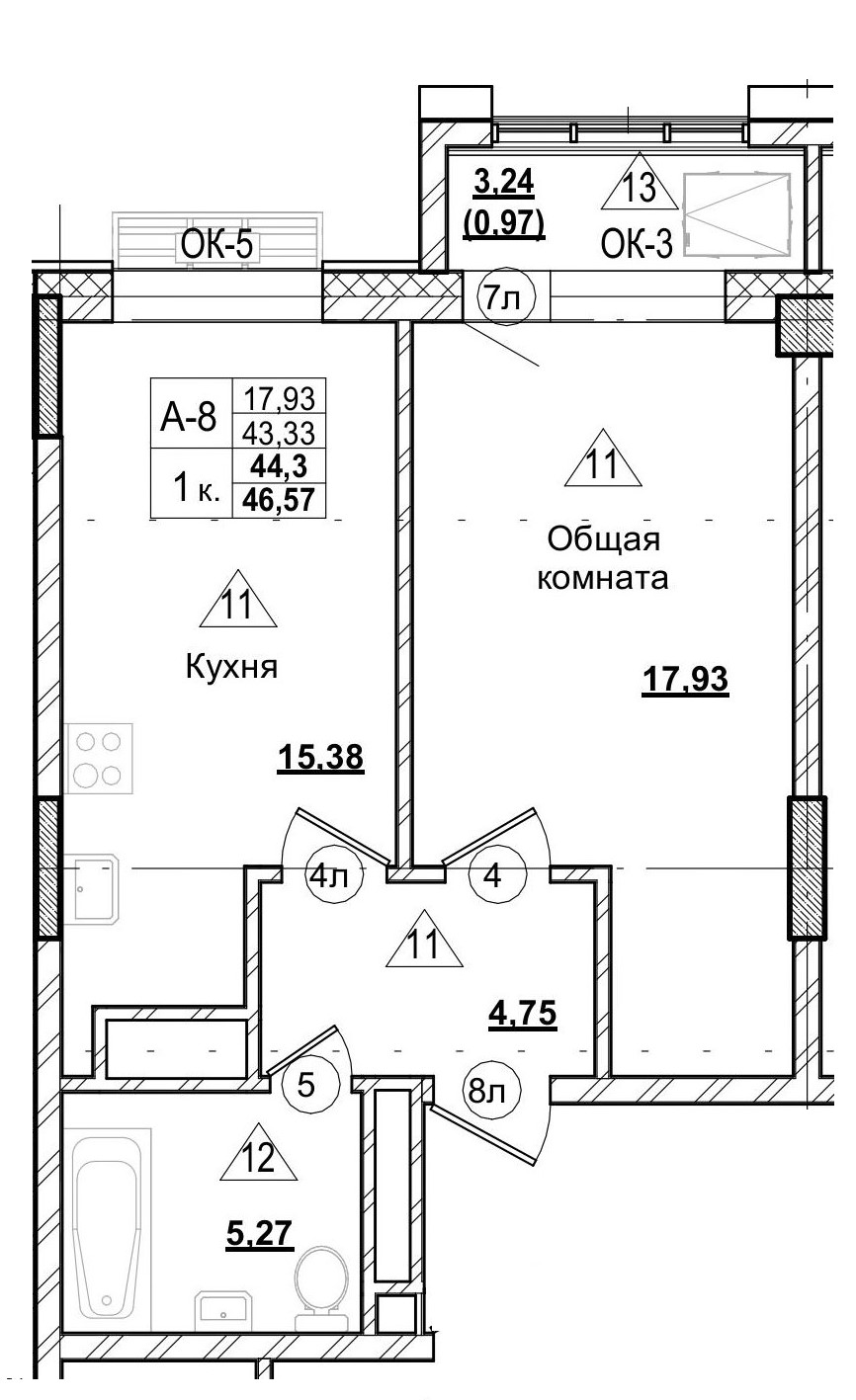 1 комн., 44.31 м²