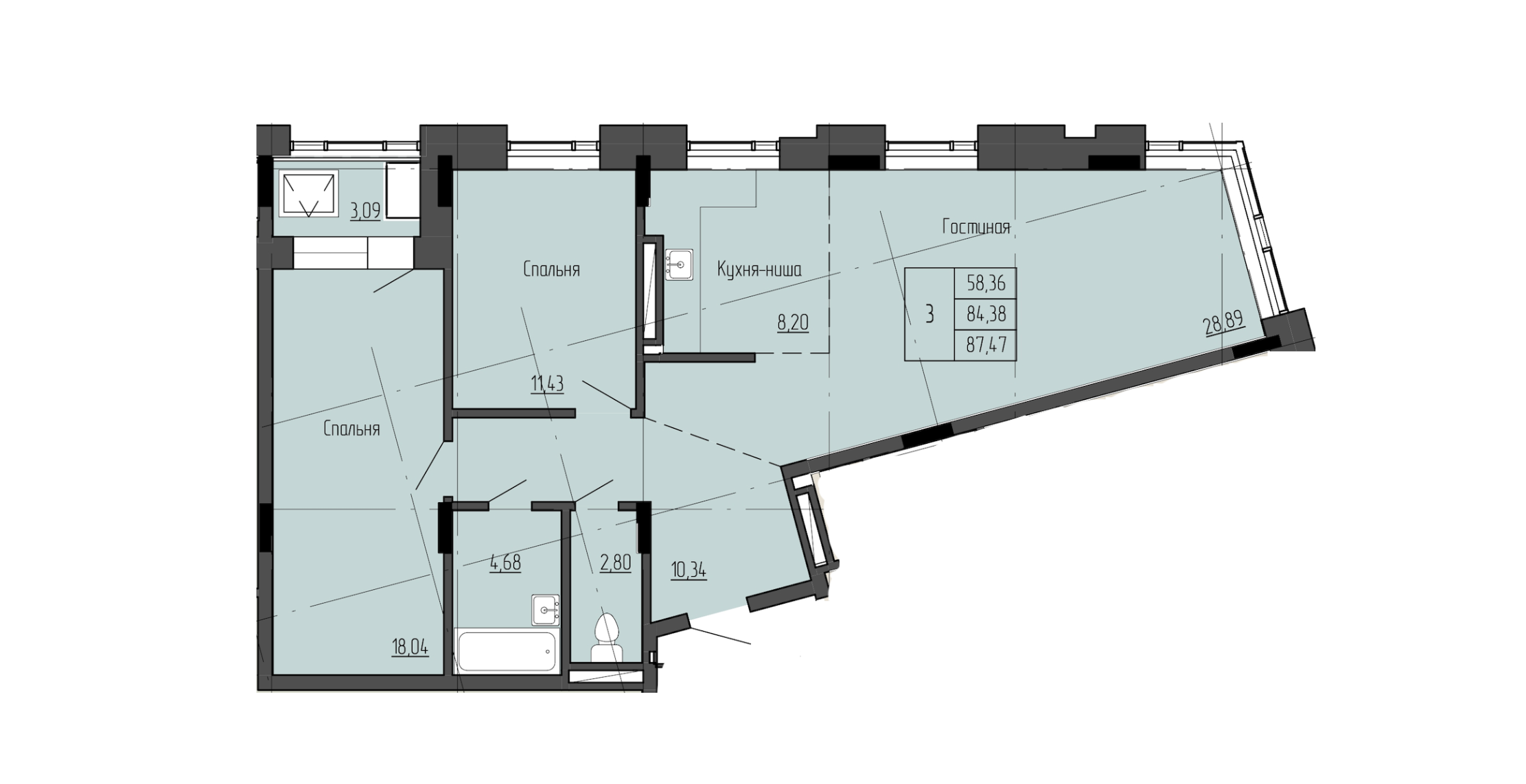 3 комн., 87.47 м²