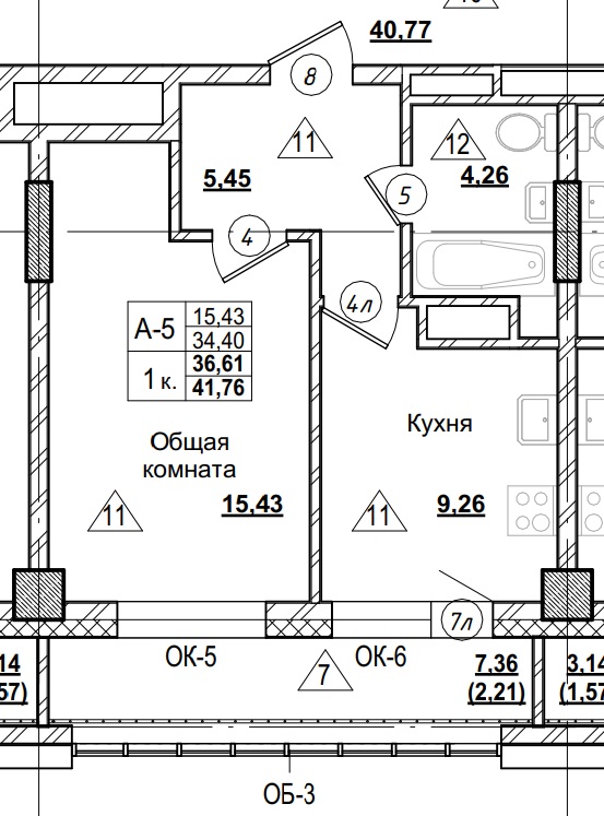 1 комн., 36.61 м²