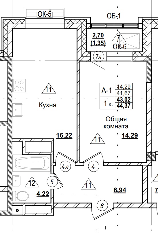 1 комн., 43.02 м²
