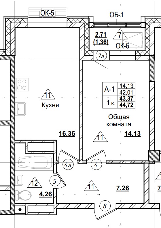 1 комн., 43.37 м²