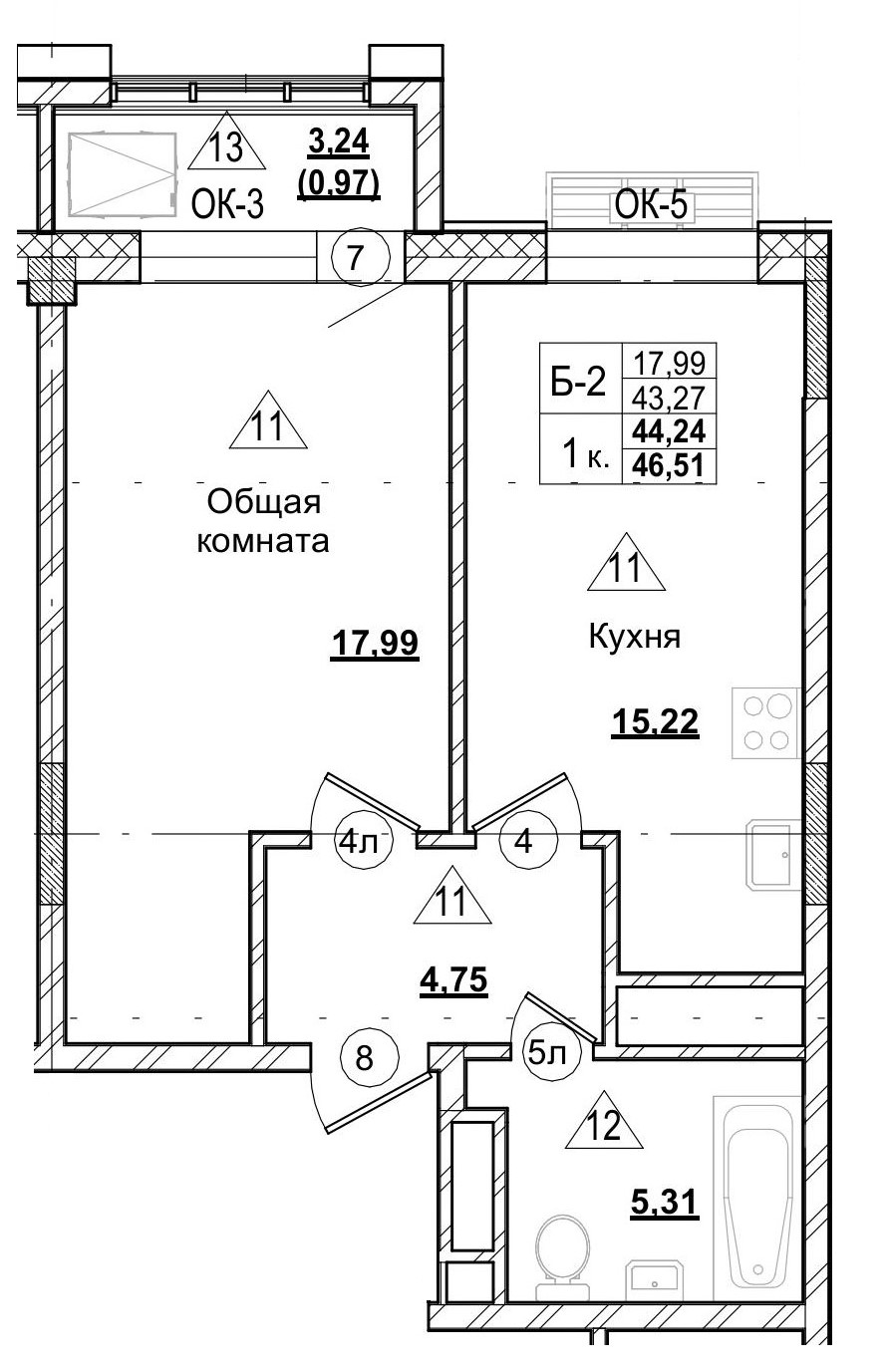 1 комн., 44.41 м²