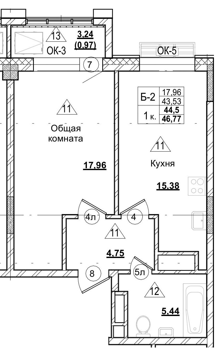 1 комн., 44.52 м²