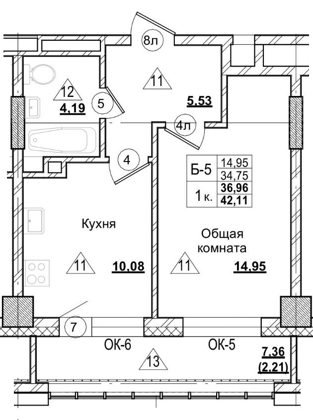 1 комн., 36.95 м²