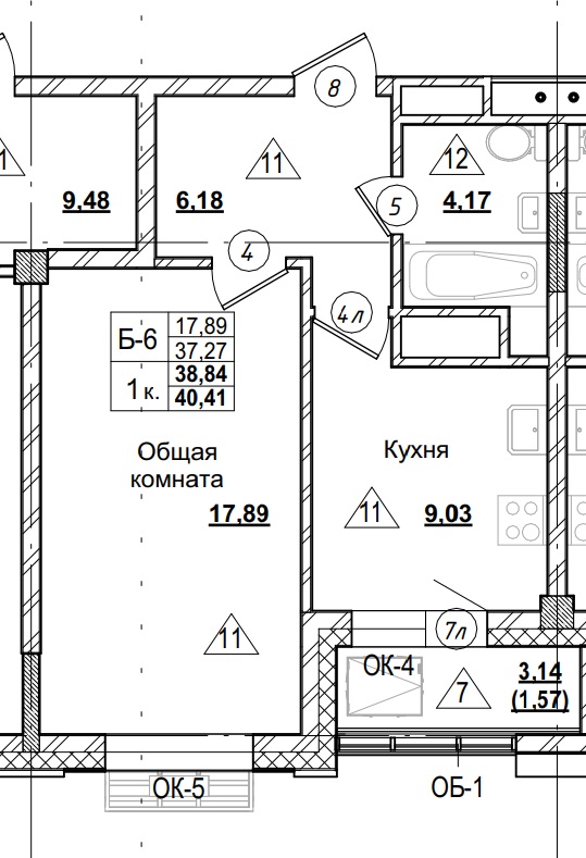 1 комн., 38.84 м²