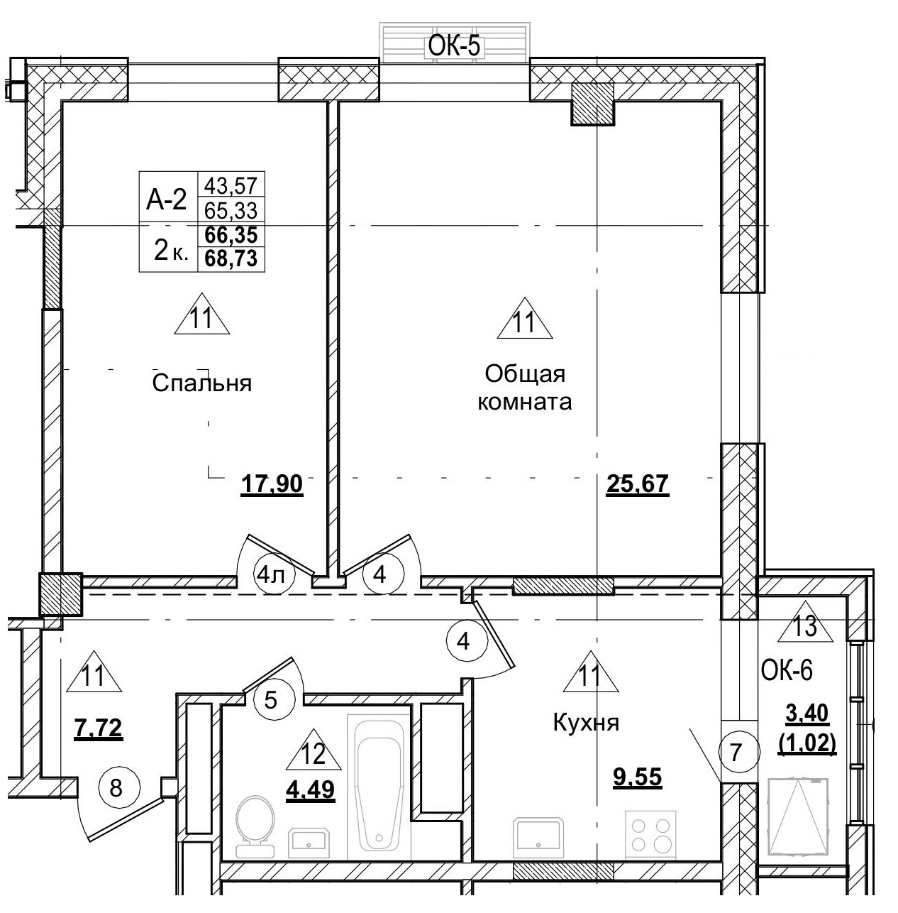 2 комн., 66.36 м²