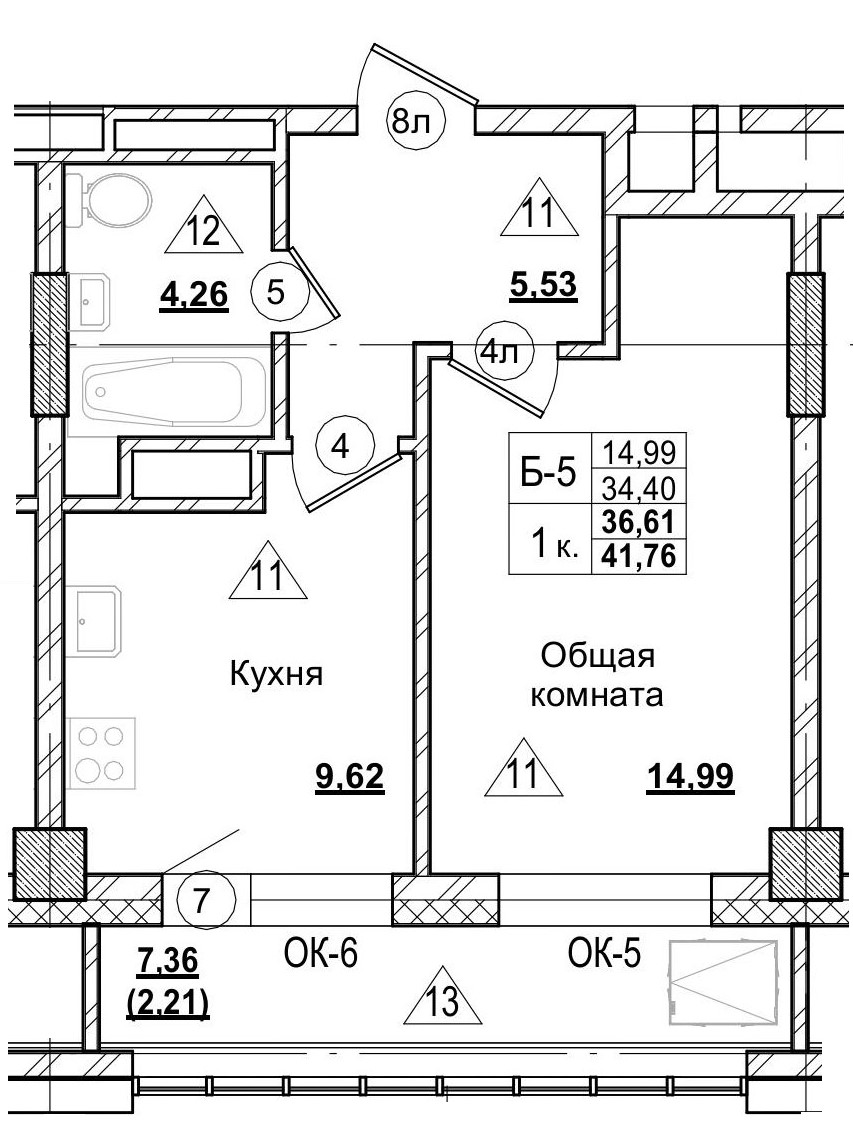 1 комн., 36.57 м²
