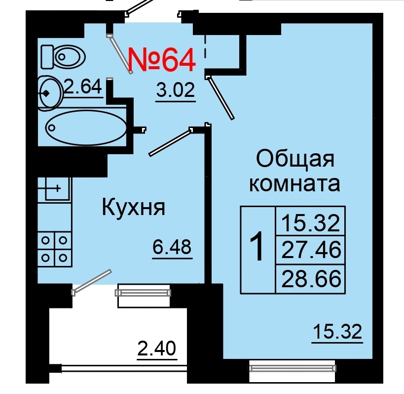 1 комн., 28.66 м²