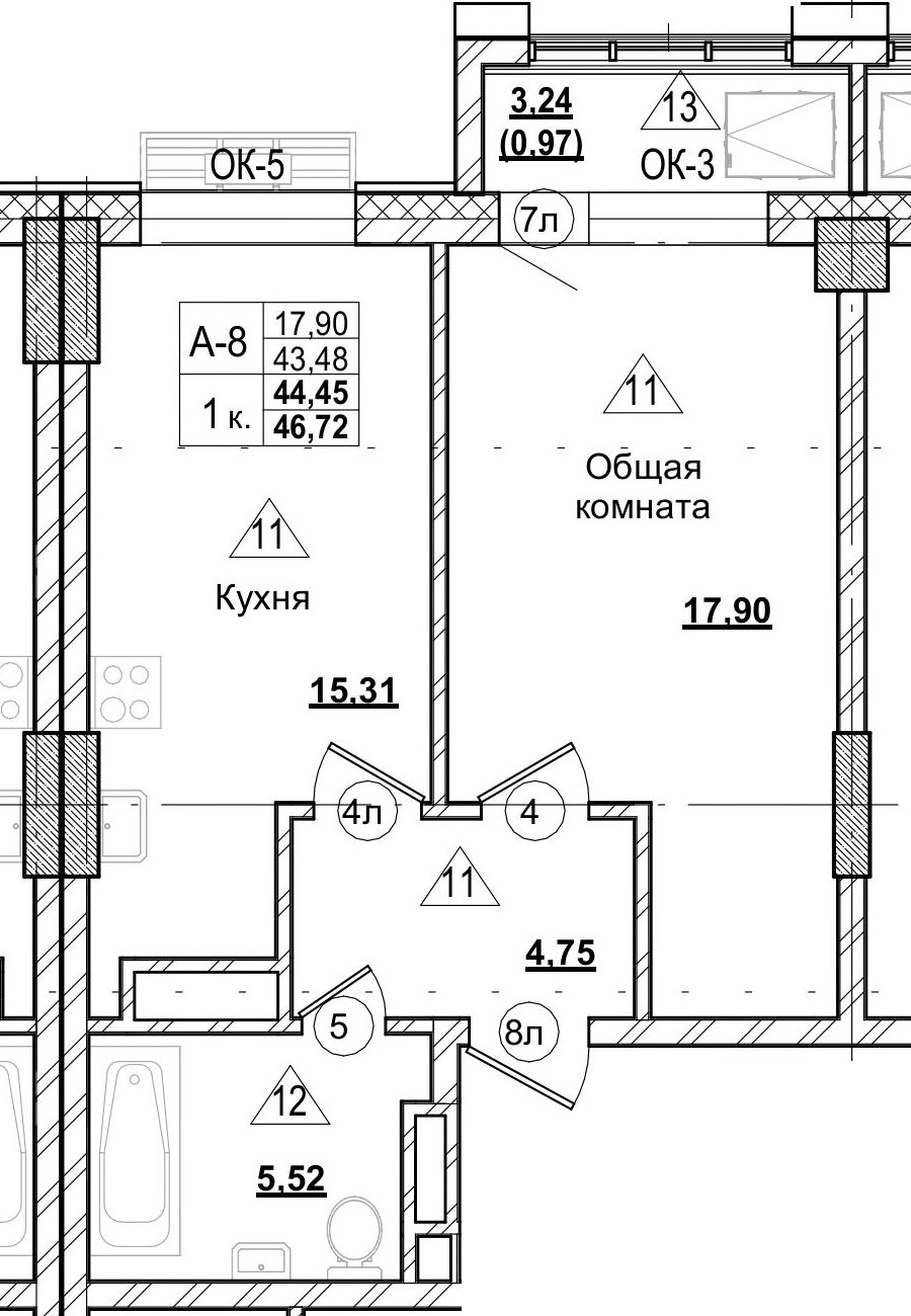 1 комн., 44.46 м²