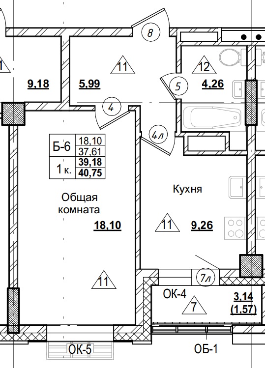 1 комн., 39.18 м²