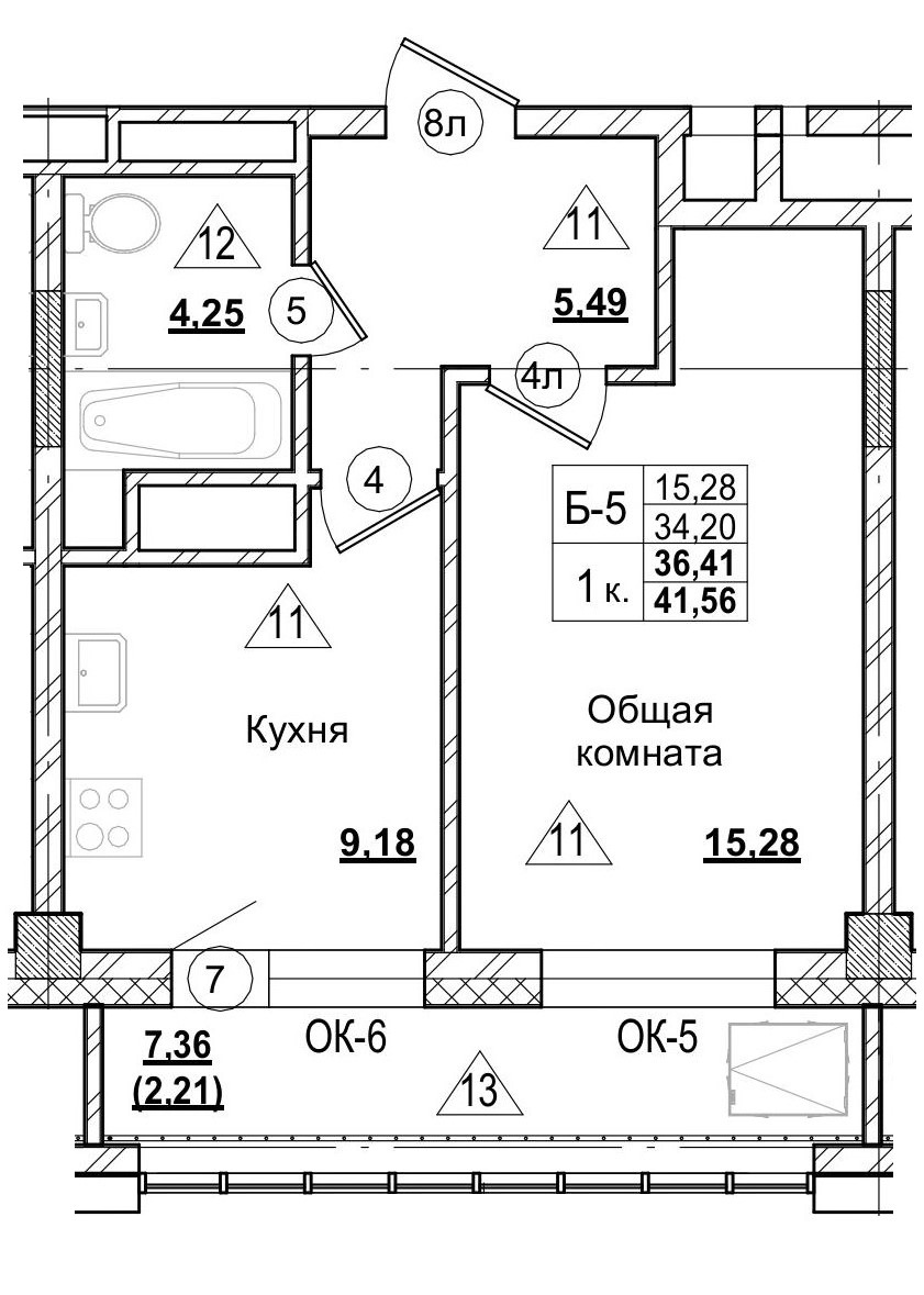 1 комн., 36.34 м²
