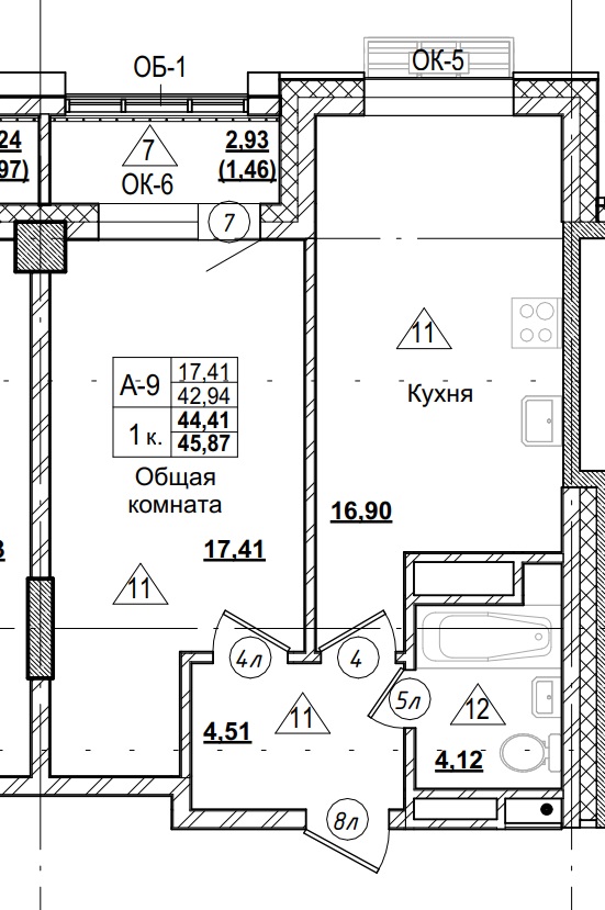 1 комн., 44.41 м²