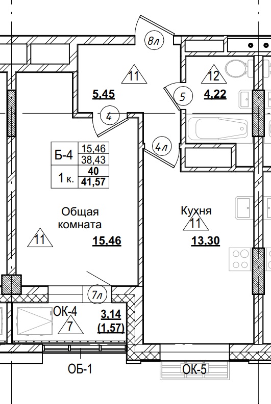 1 комн., 40.00 м²