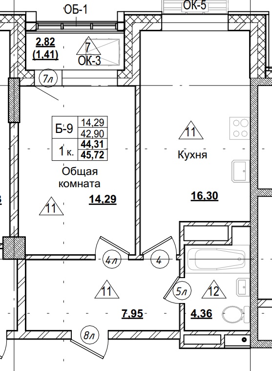 1 комн., 44.31 м²