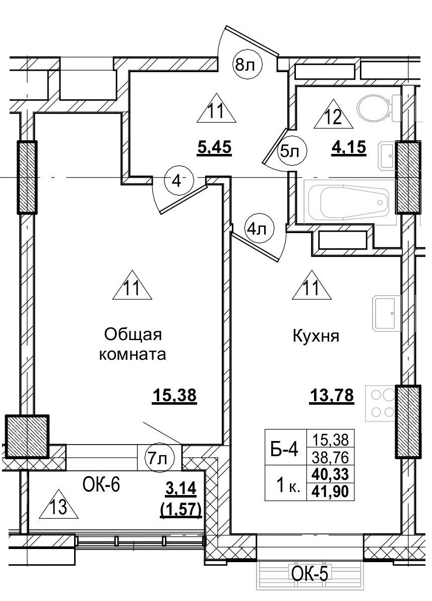 1 комн., 40.30 м²
