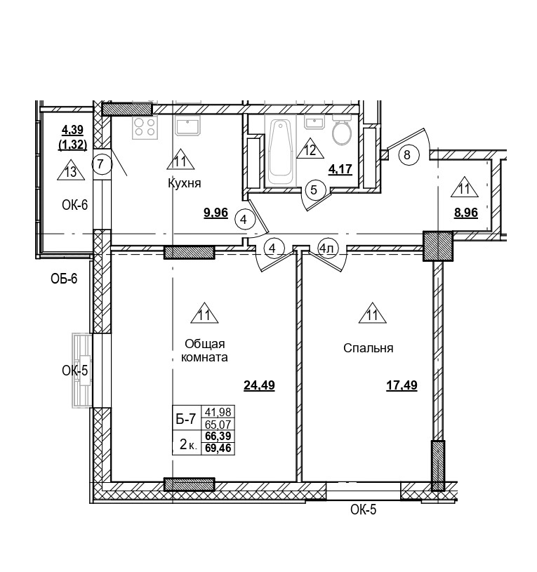 2 комн., 66.39 м²