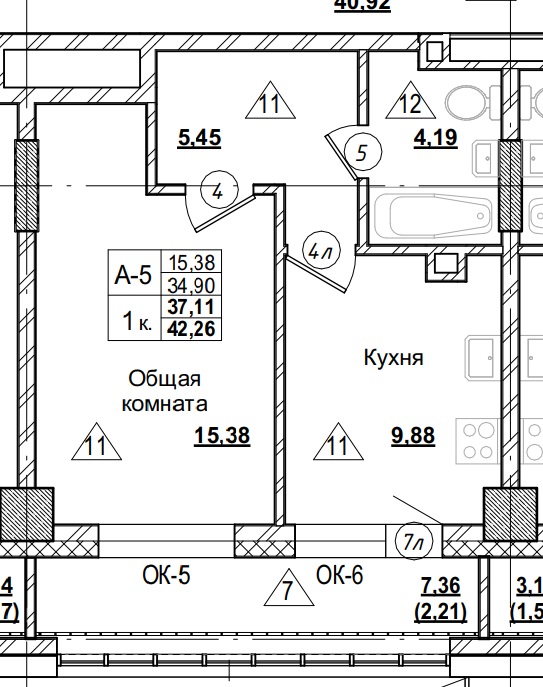 1 комн., 37.11 м²