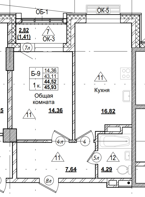 1 комн., 44.52 м²
